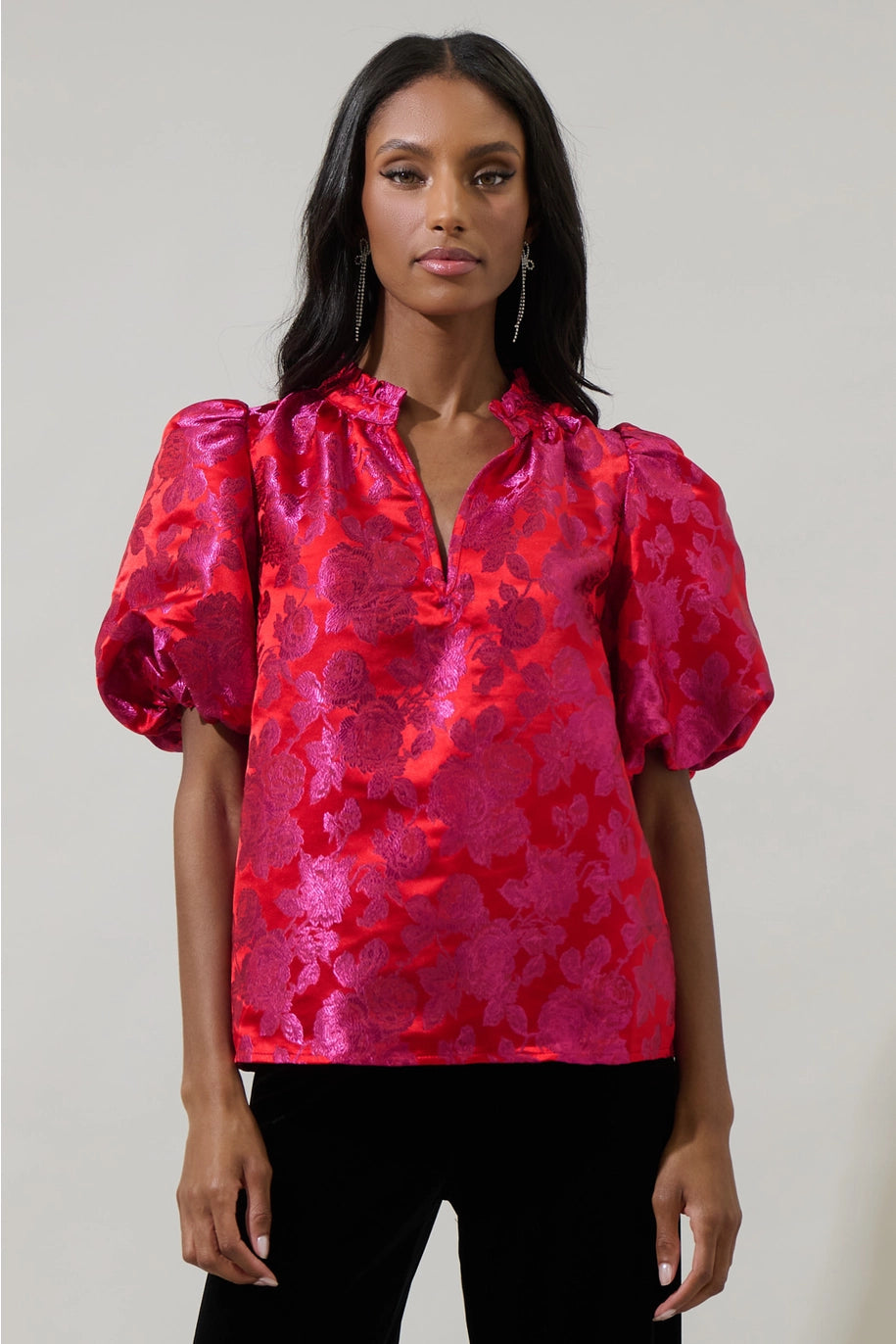 DUSON FLORAL JACQUARD TOP-PINK/RED