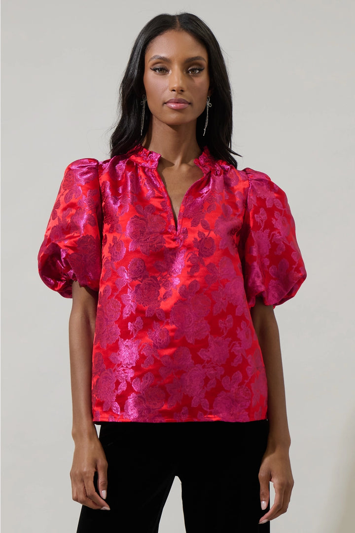 DUSON FLORAL JACQUARD TOP-PINK/RED