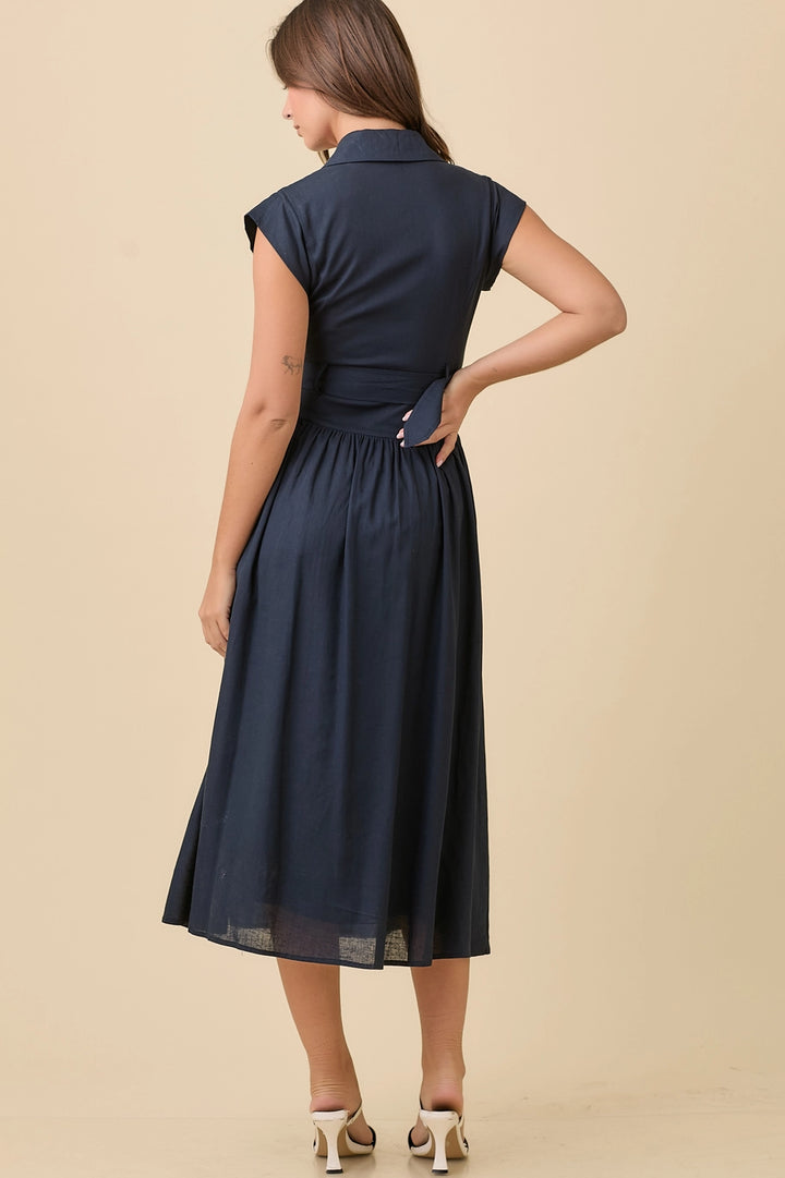 LAPEL COLLAR LOW WAIST DRESS-DARK NAVY