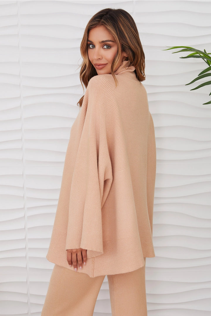 RELAXED WIDE SLEEVE TURTLENECK SWEATER-CARAMEL