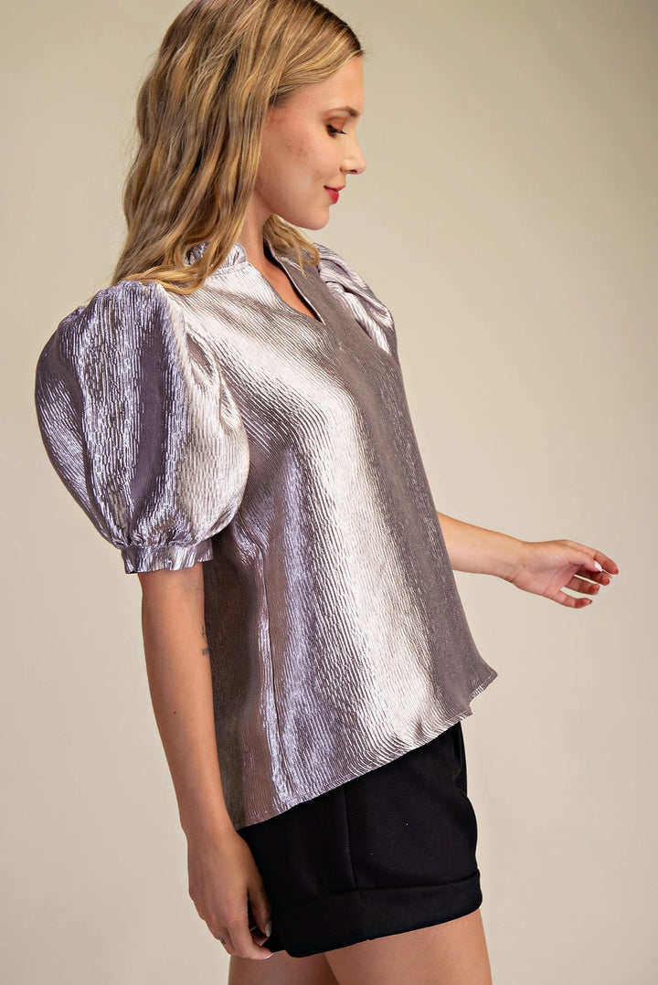 RUFFLE V-NECK PUFF SLEEVE TOP-SILVER