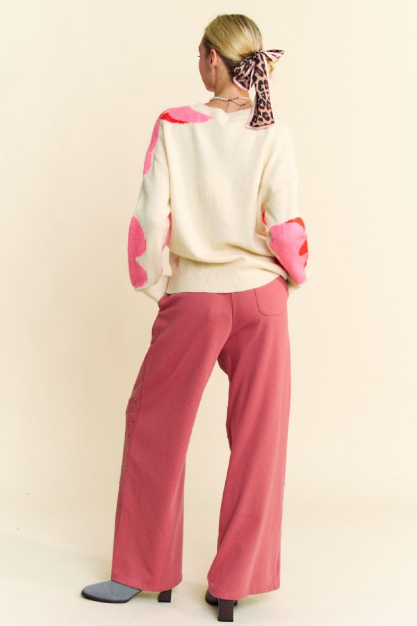 FLORAL ROUND NECK SWEATER-CREAM/PINK