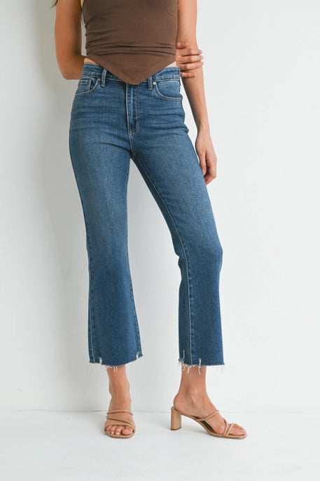 PIPER HIGH RISE CROP FLARE W/ DISTRESSED HEM-DARK DENIM