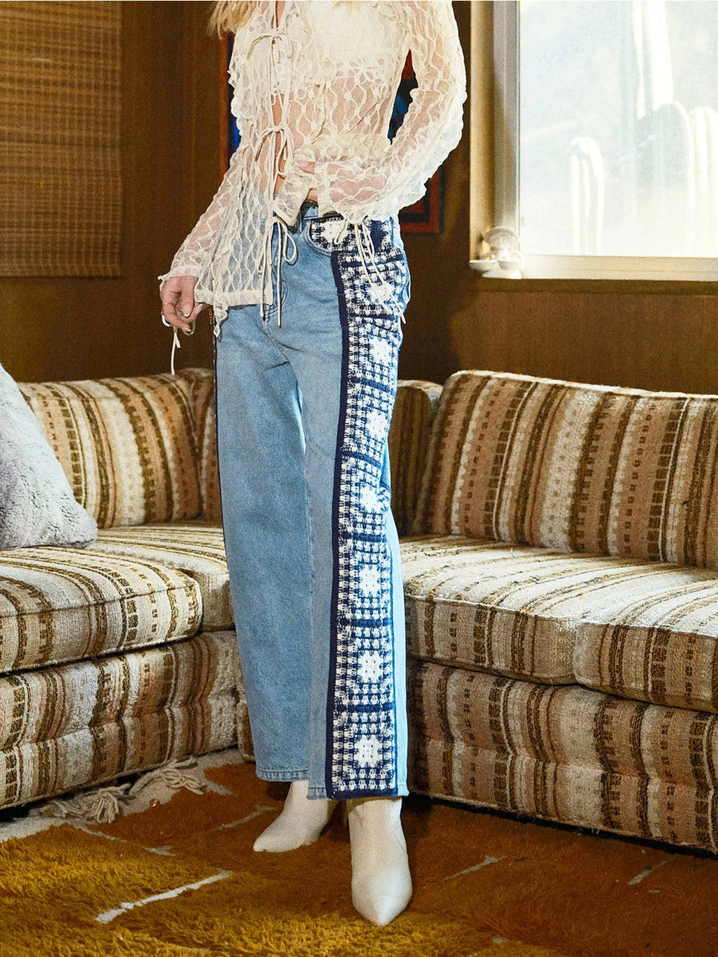 CROCHET DETAIL DENIM PANT-LIGHT WASH