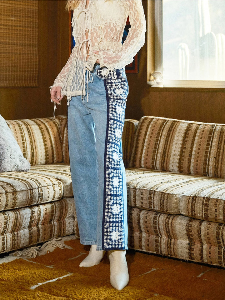 CROCHET DETAIL DENIM PANT-LIGHT WASH