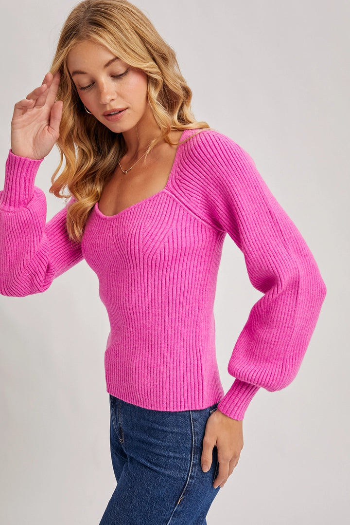 SWEETHEART NECK RIBBED SWEATER-HOT PINK
