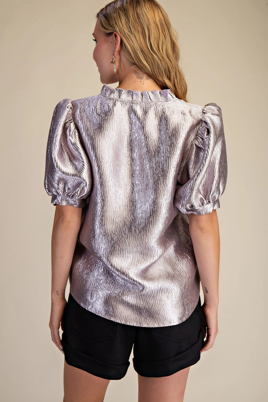 RUFFLE V-NECK PUFF SLEEVE TOP-SILVER