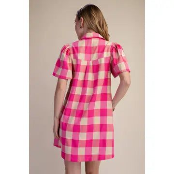 CHECKERED BUTTON DOWN MINI DRESS-PINK