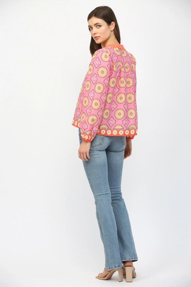 TILE PRINT LONG SLEEVE BLOUSE-PINK/MULTI