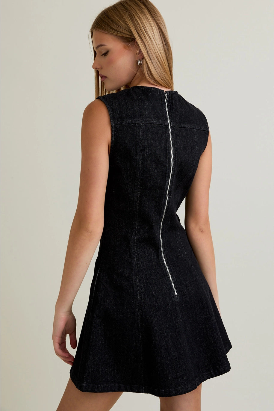 ROUND NECK DENIM MINI DRESS-BLACK