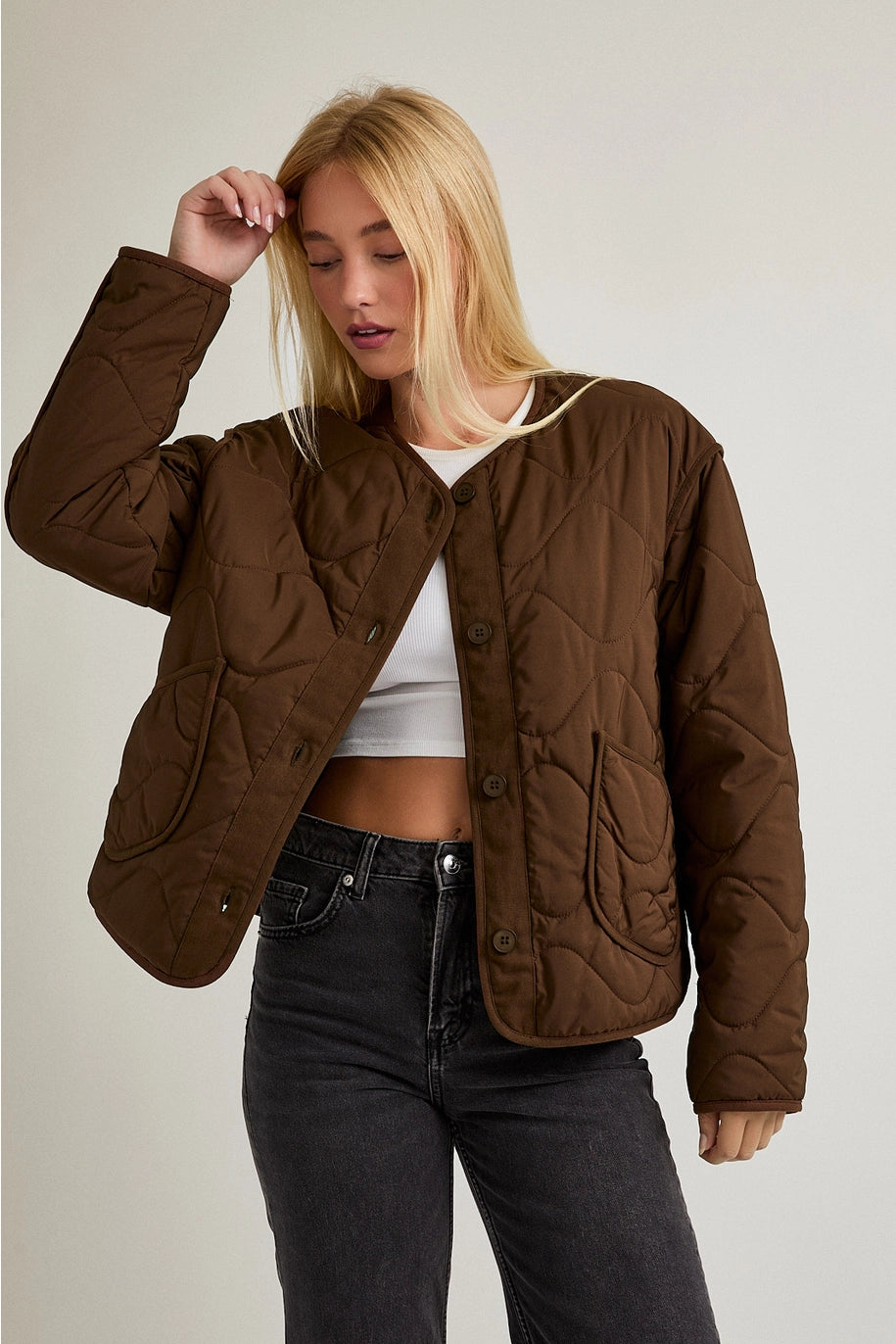 PADDED LONG SLEEVE QUILTED JACKET-DARKK BROWN