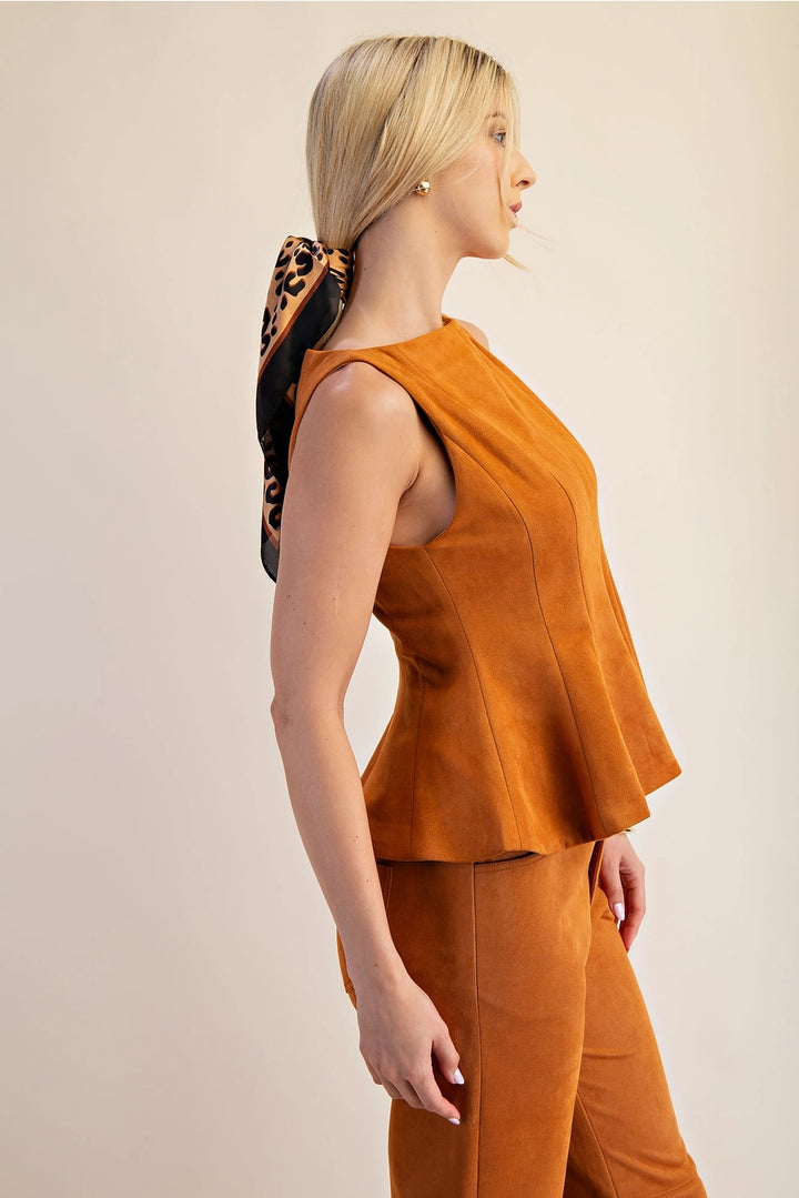 FAUX SUEDE FITTED PEPLUM TOP-CAMEL