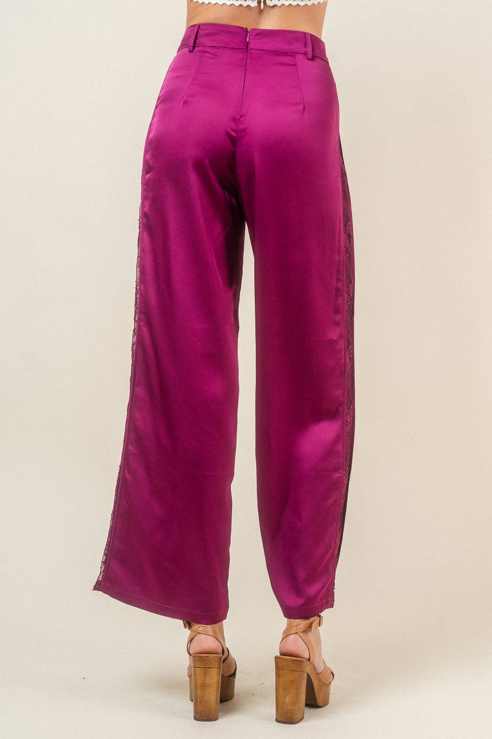 SATIN DRESSY PLEATED LACE CONTRAST TROUSERS-Plum