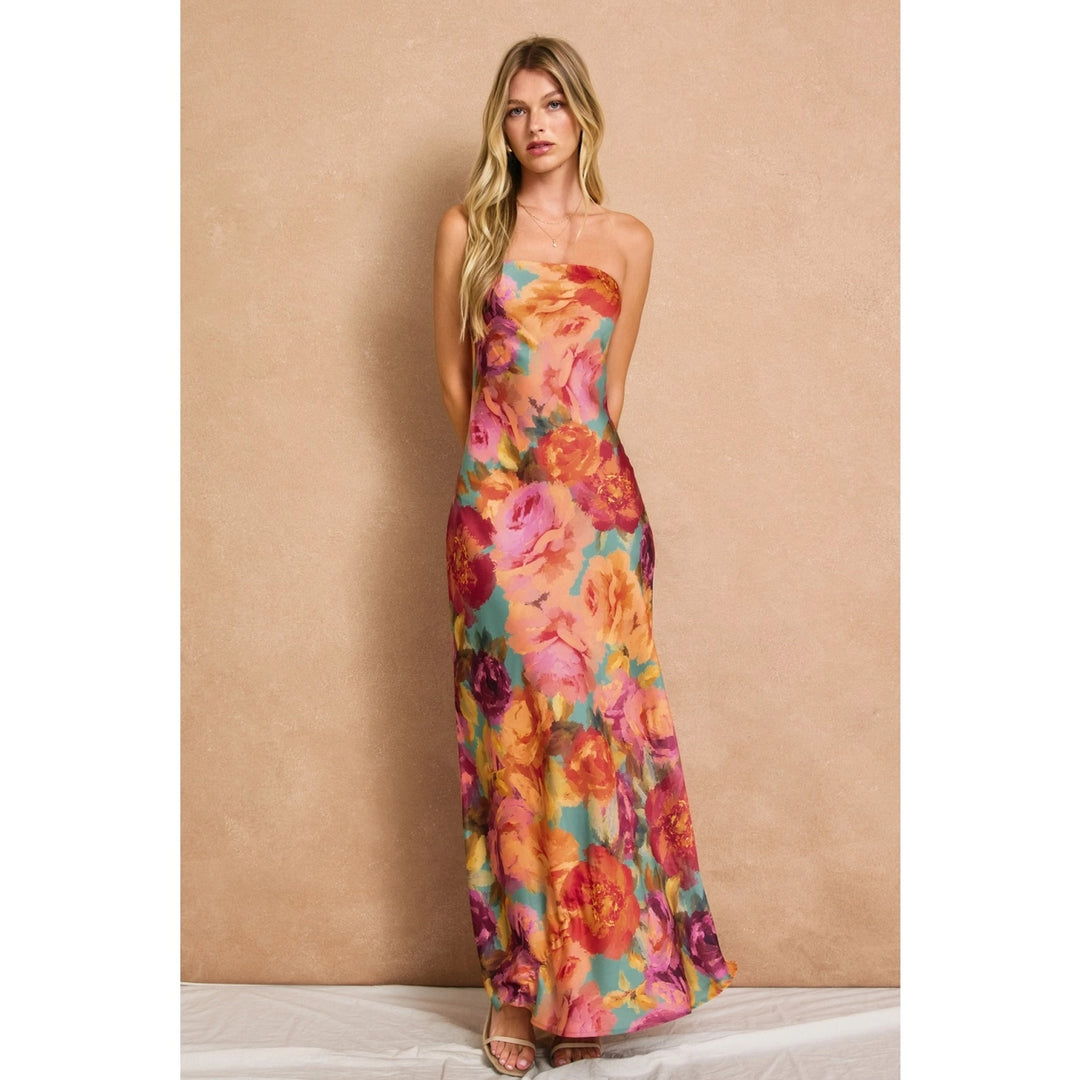 SATIN STRAPLESS FLORAL MAXI DRESS-PARISIAN FLORAL