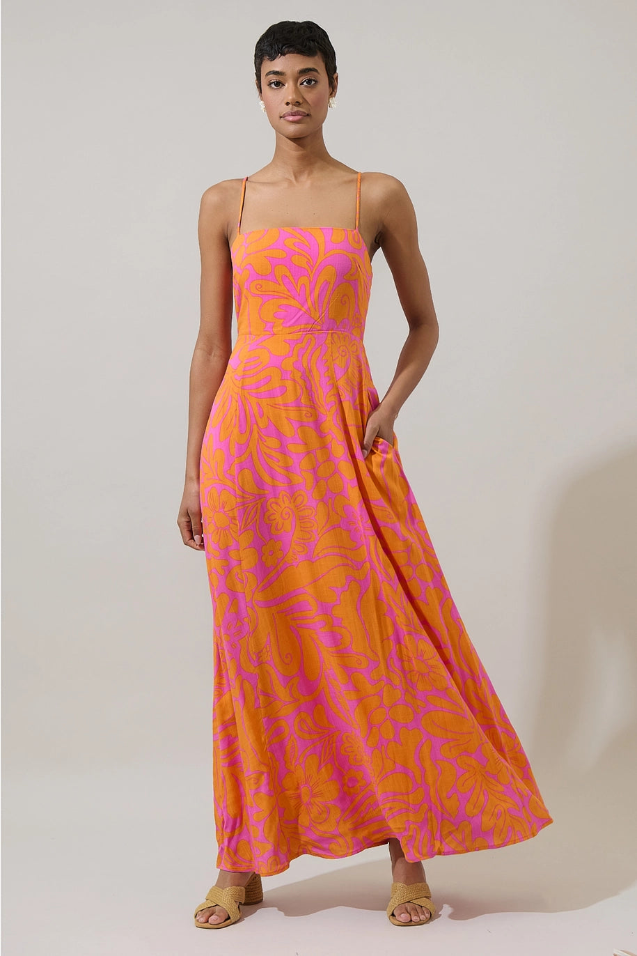 KACI FLORAL SMOCKED MAXI DRESS-FUCHSIA/ORANGE