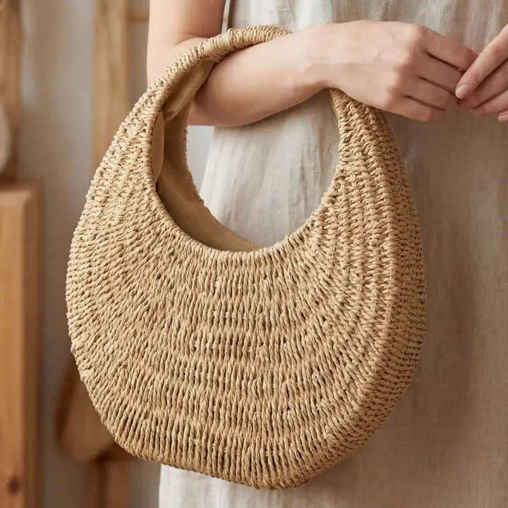 BASKET WEAVE ROUND HANDBAG-KHAKI