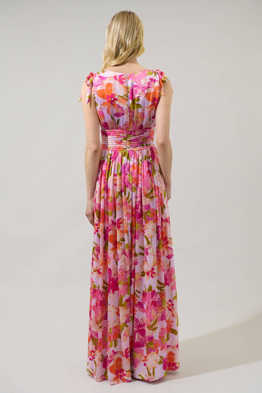 FLORAL DESCANO PLEATED MAXI DRESS-CORAL/MULTI