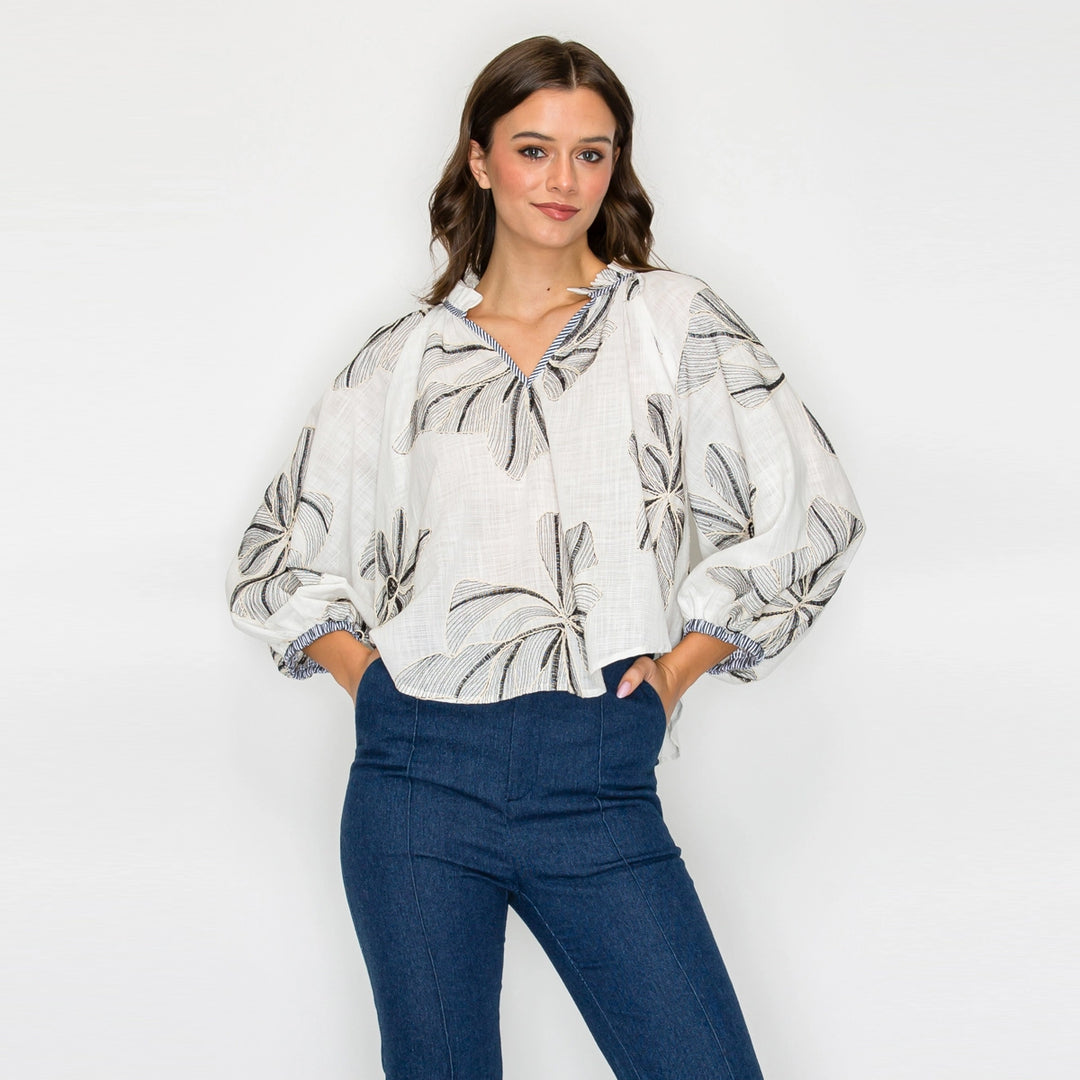 PALM BREEZE BLOUSE-WHITE/NAVY