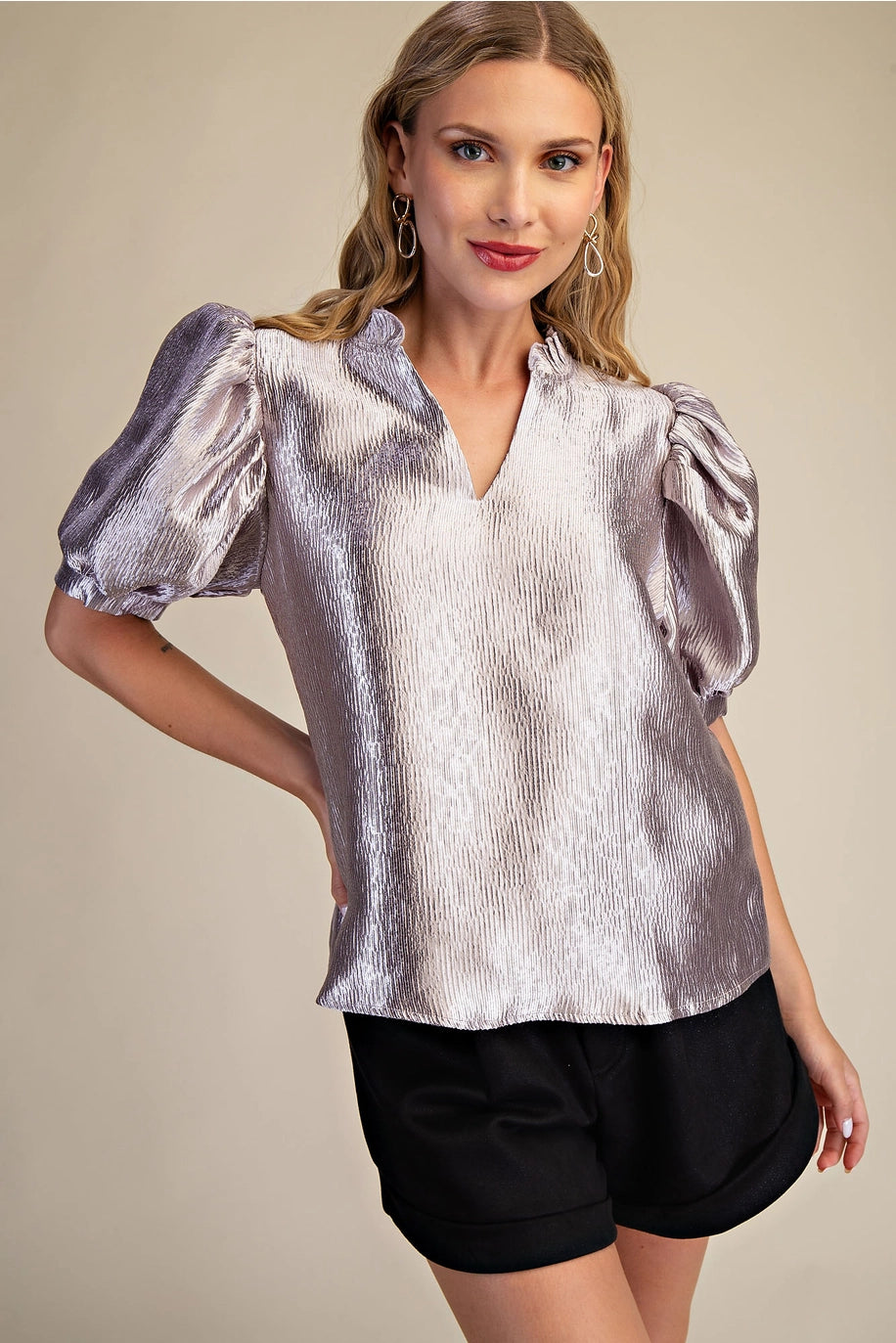 rippled silver foiled blouse with v neck ruffled collar and short puff sleeves