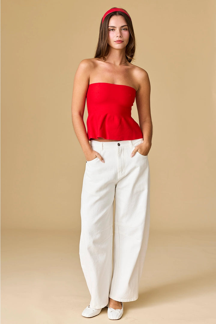 ELLIE STRAPLESS KNIT PEPLUM-RED