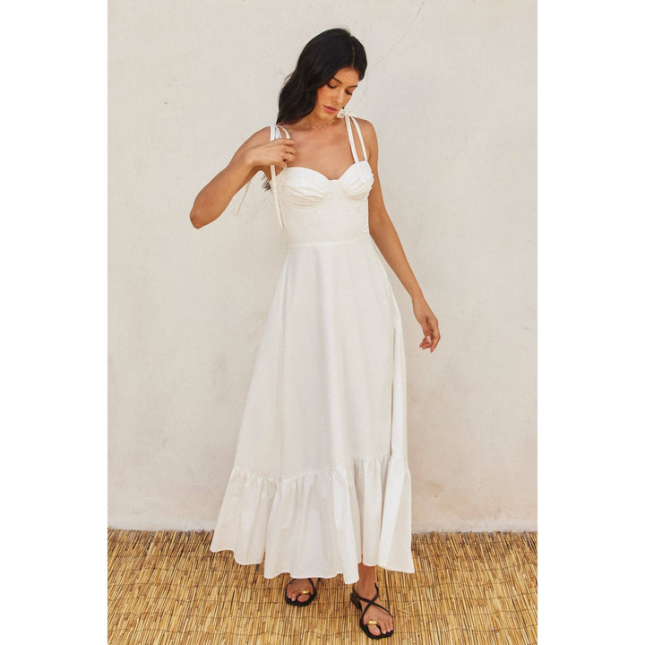 COTTON POPLIN RUCHED MAXI DRESS-WHITE