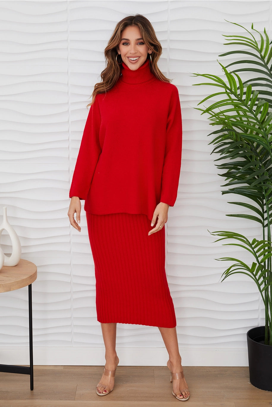 ITALIAN KNIT CASUAL FIT TURTLENECK TOP-RED