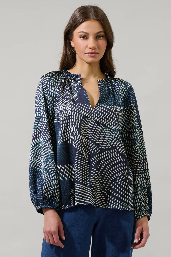 GEOMETRIC JOVIE SPLIT NECK RAGLAN BLOUSE-NAVY/CREAM