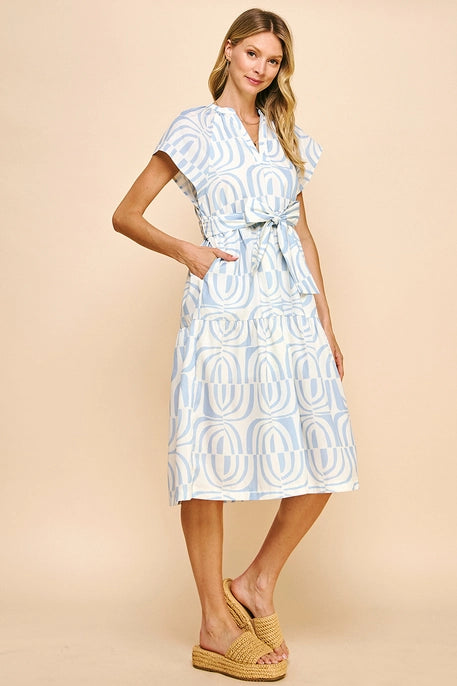 PRINT TIERED MIDI DRESS-LIGHT BLUE