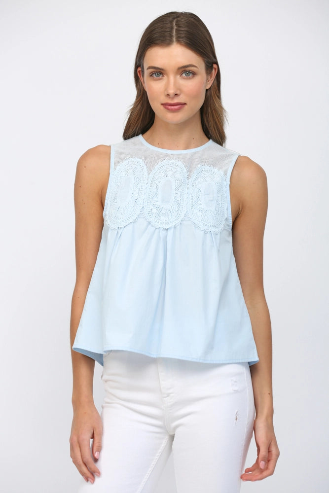 CONTRAST YOKE DETAIL LACE TOP-BABY BLUE