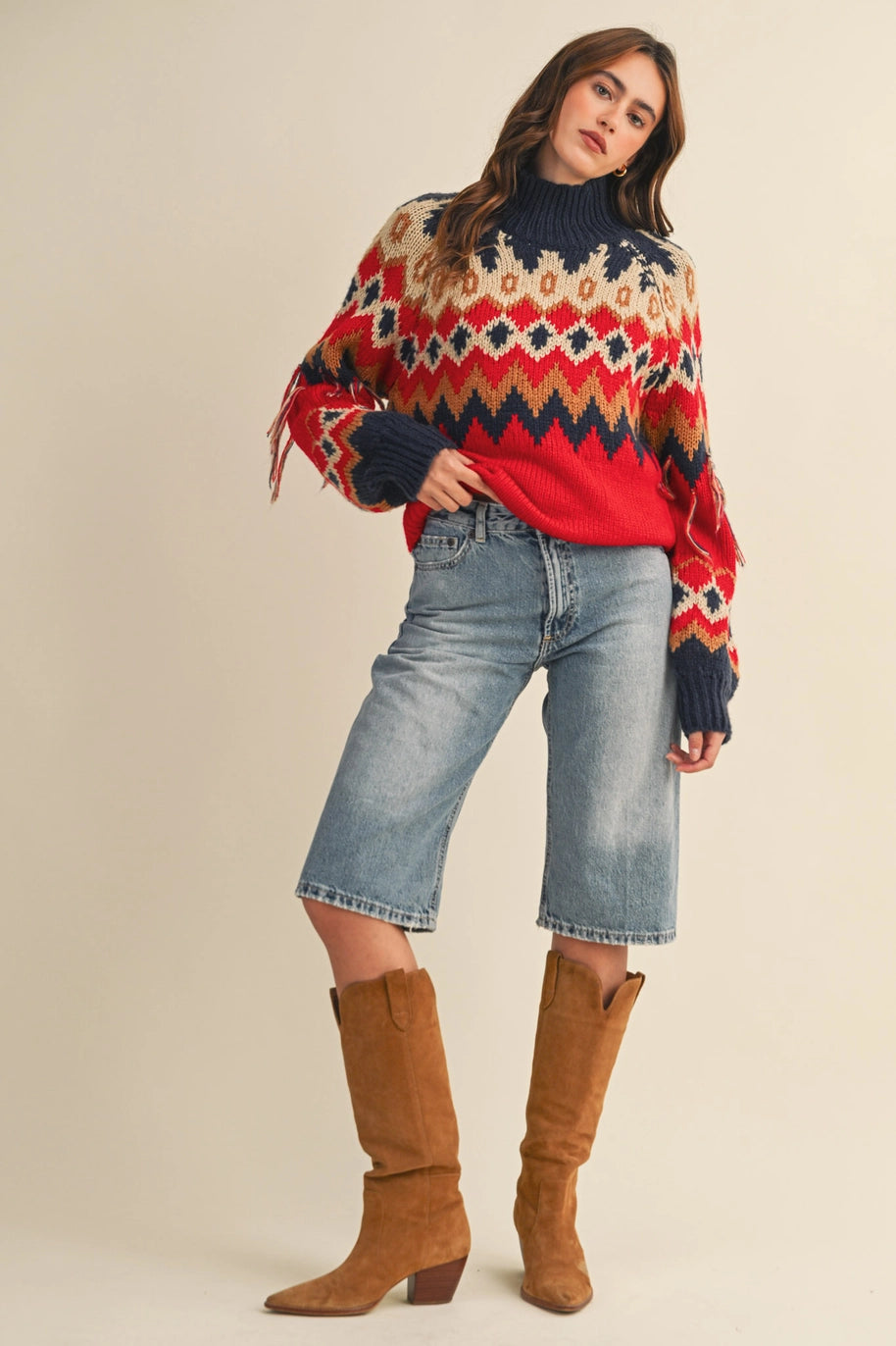 FAIR ISLE FRINGE SLEEVE SWEATER-RED/NAVY