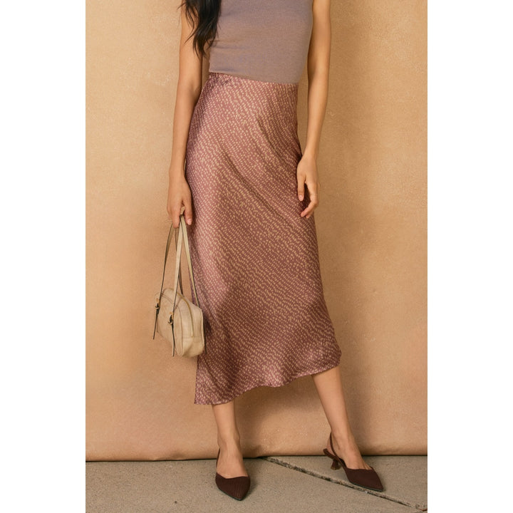 mauve patterned satin midi skirt