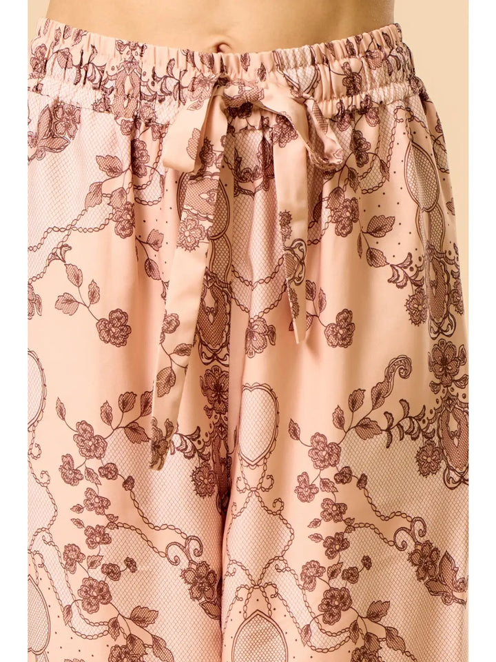 PRINTED WIDE LEG PANT-PEACH/BROWN