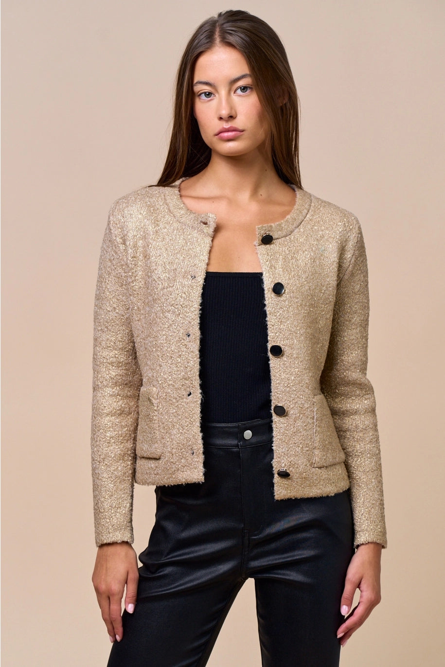 METALLIC KNIT BUTTON DOWN CARDIGAN-GOLD