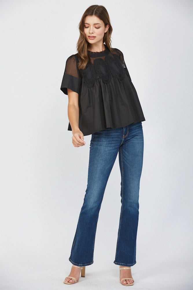 MESH AND APPLIQUÉ BLOUSE-BLACK