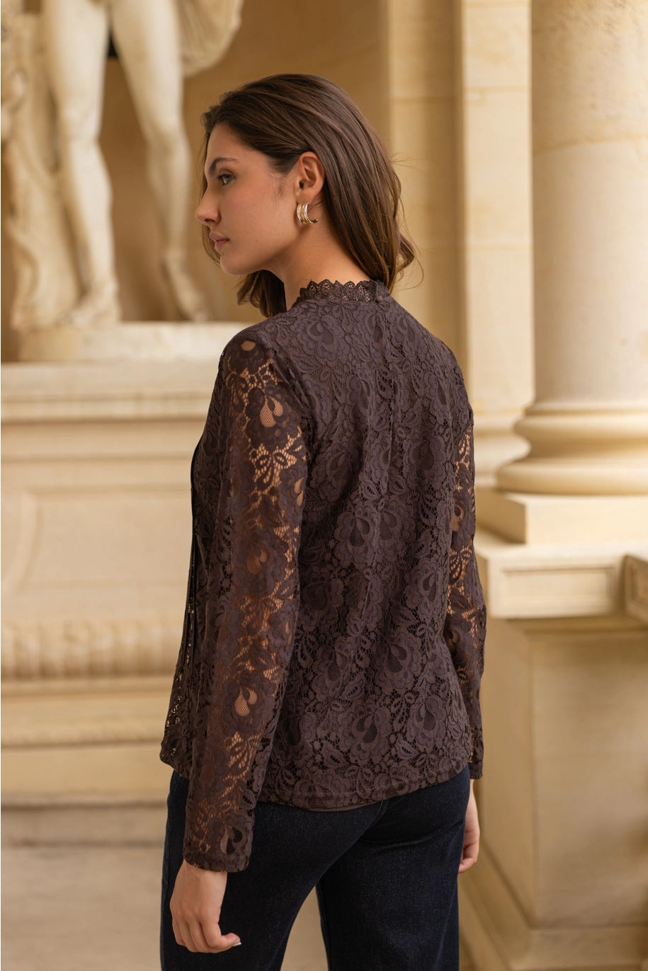 TIFFANY LONG SLEEVE LACE BLOUSE-CHOCOLATE