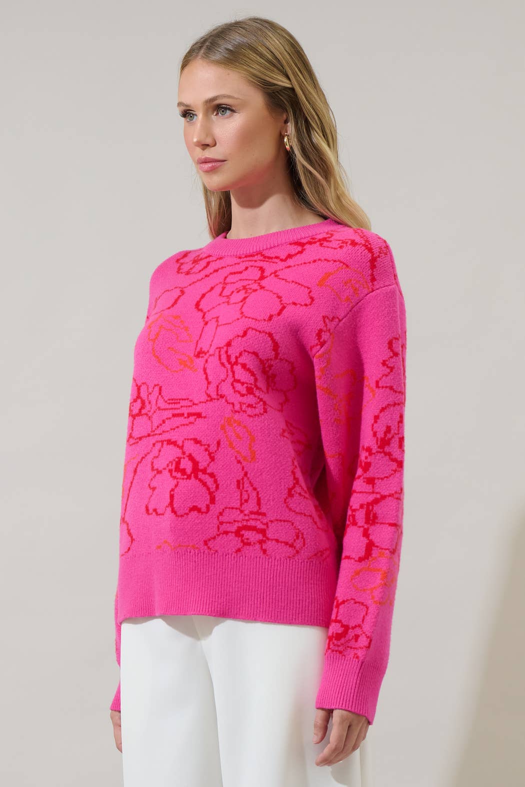 FLORAL DROPPED SHOULDER SWEATER-FUSCHIA/ORANGE