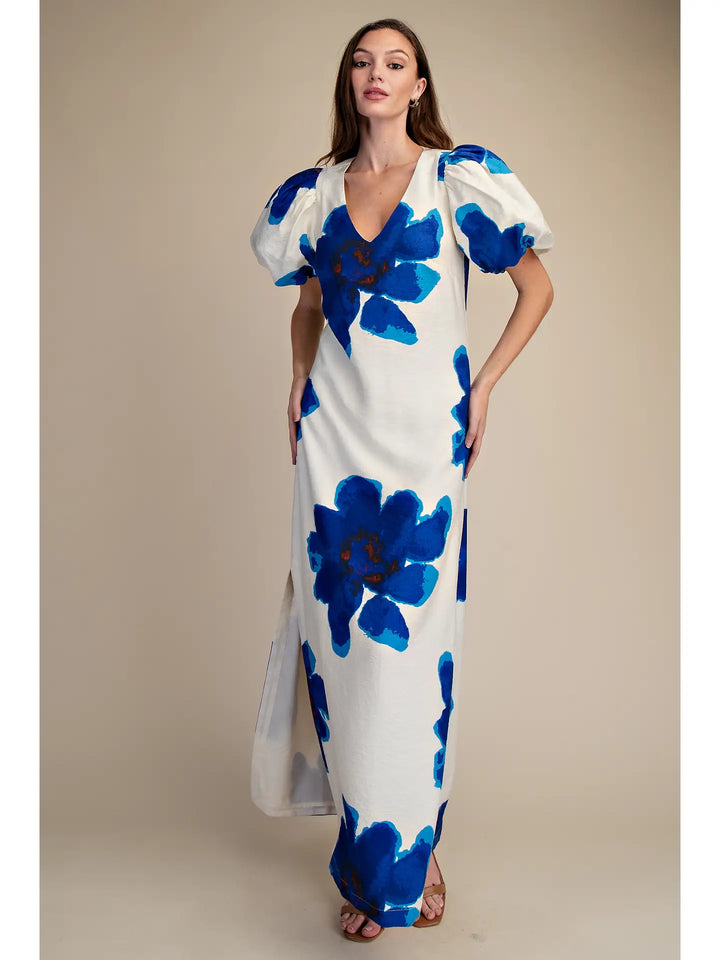 PUFF SLEEVE FLORAL MAXI DRESS-ROYAL
