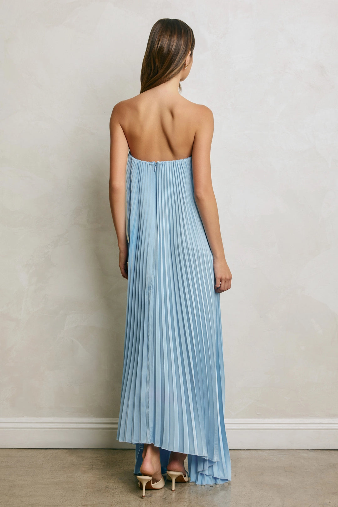 STRAPLESS PLEATED MAXI DRESS-LIGHT BLUE