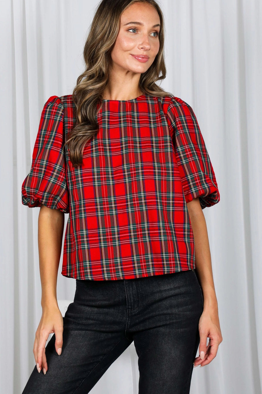 red plaid short puff sleeve blouse with v bow detail back