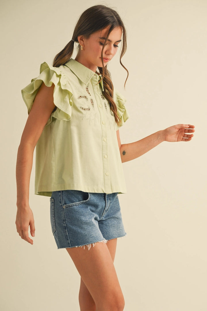 EMBROIDERED CUT OUT TOP-SAGE LIME