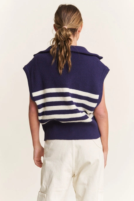 STRIPED QUARTER ZIPPED SWEATER-NAVY