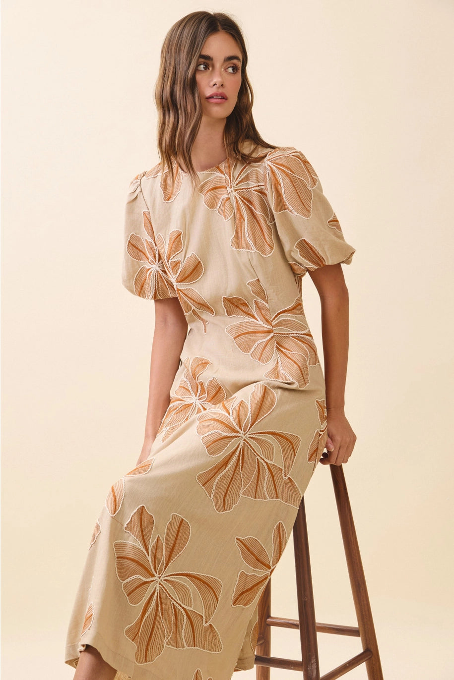 EMBROIDERED PUFF SLEEVE MIDI DRESS-KHAKI