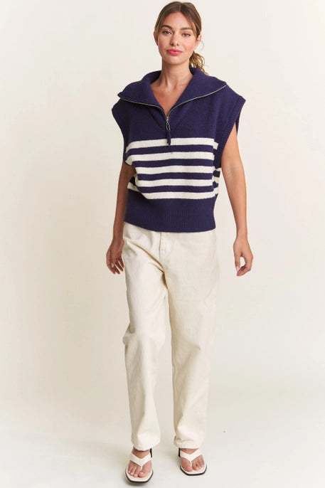 STRIPED QUARTER ZIPPED SWEATER-NAVY