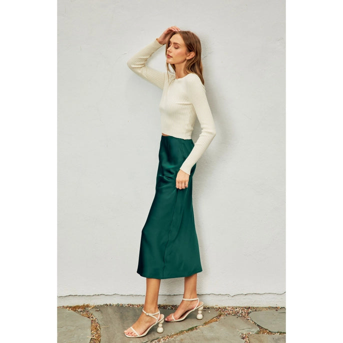 GOING OUT SATIN MAXI SKIRT-DARK GREEN