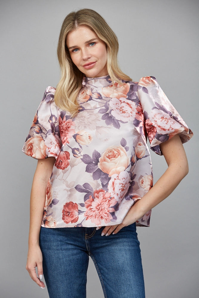 FLORAL MOCK NECK BLOUSE-MAUVE/MULTI