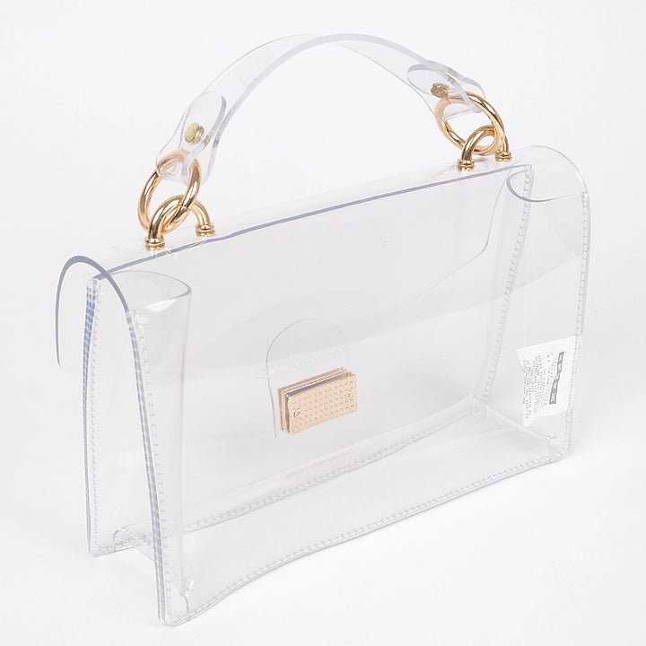 TRANSPARENT METAL STUDDED FLAP BAG-CLEAR/GOLD
