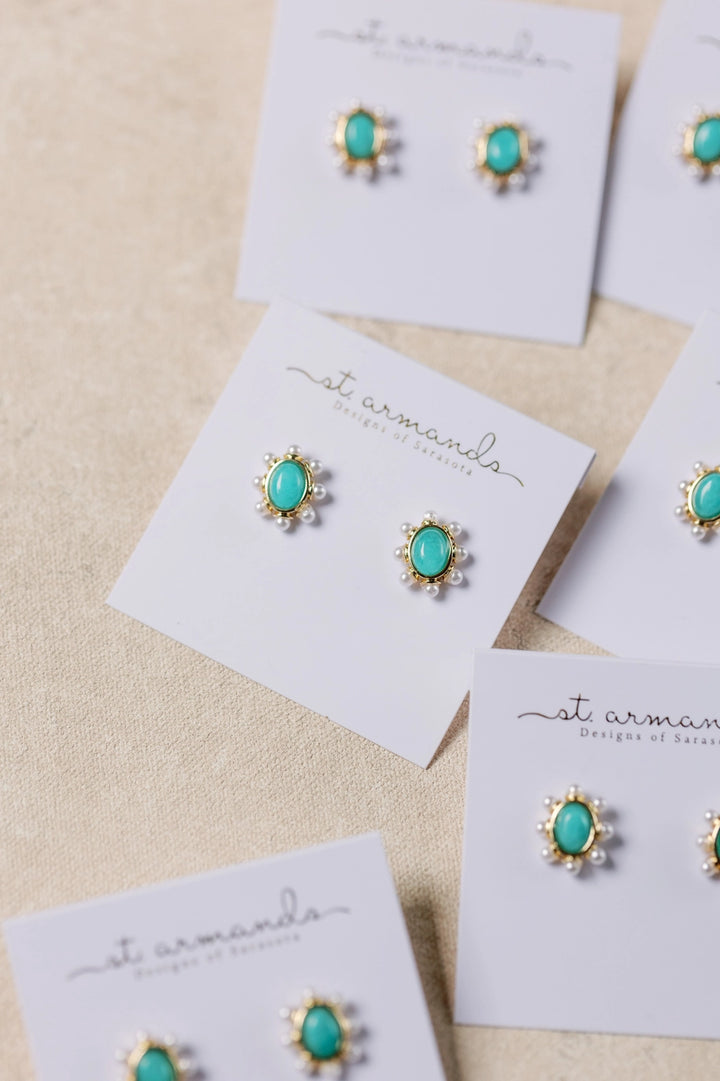 TURQUOISE AND PEARL STUD EARRINGS