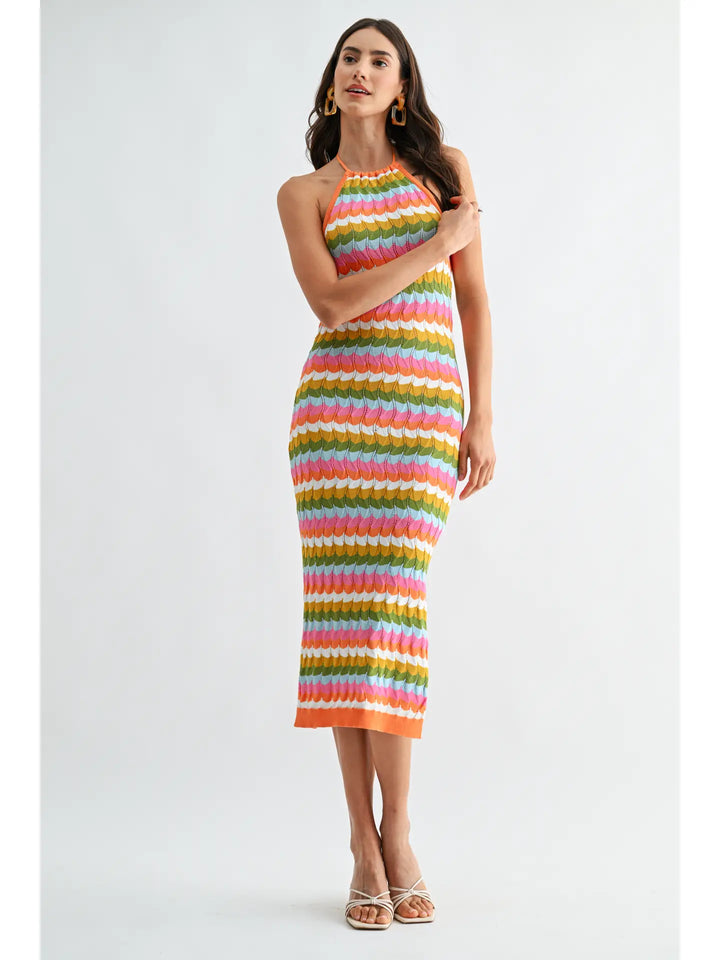 KNITTED HALTER NECK MIDI DRESS-ORANGE MULTI