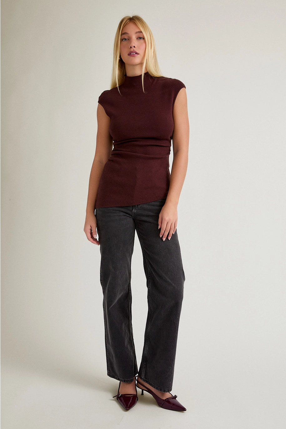 MOCK NECK SHIRRED WAIST SWEATER TOP-BROWN