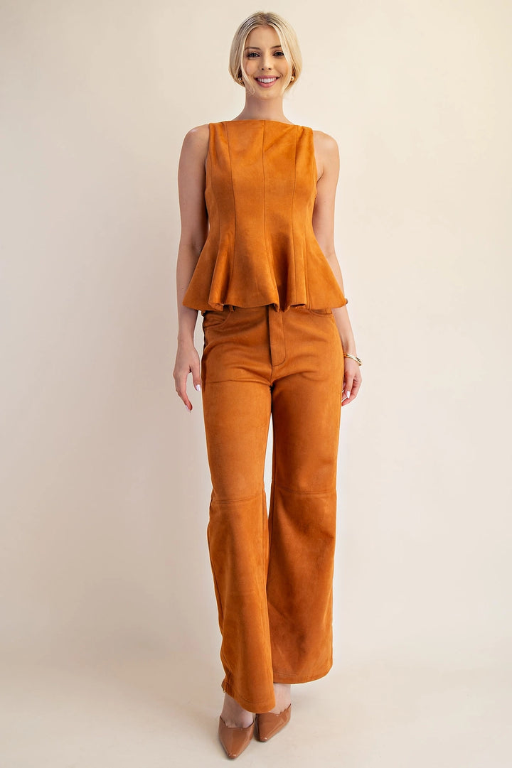 FAUX SUEDE FITTED PEPLUM TOP-CAMEL
